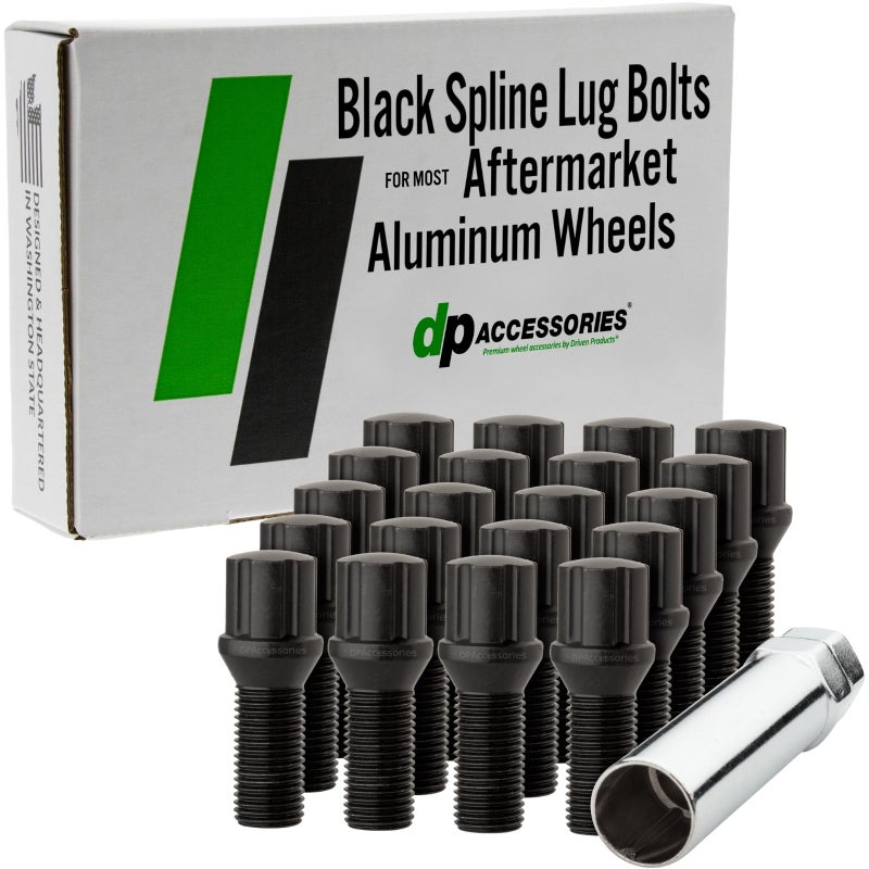 DPAccessories Black M14x150 Lug Bolts for Aftermarket Wheels  Spline Bolt  27mm Shank  Set of 20  BS27K5HEBK04020
