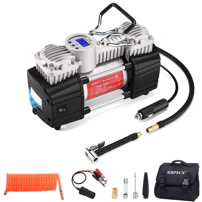 GSPSCN Portable 12V Air Compressor Pump Digital Display Tire Inflator with LED Flashlight Heavy Duty Dual Cylinder Tire Pump 150 PSI with Locking Air Chuck for AutoSUVOffRoadTruckRVBike etc