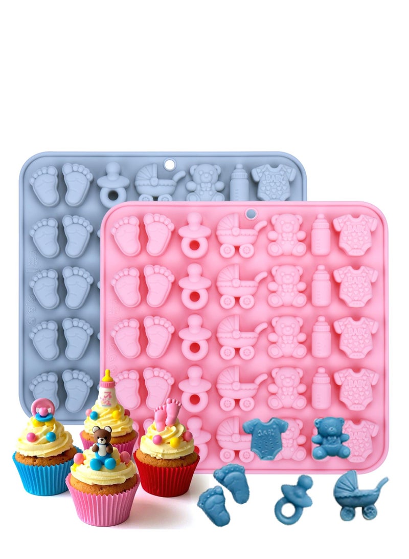 عبوتان من قوالب الشوكولاتة السيليكون لحفلات استقبال المولد - قوالب أقدام الرضيع، زجاجة الرضاعة، المصاصة، الملابس الداخلية، عربة الطفل والدببة - مثالية لحلوى الجيلي وتزيين كيك حفلات الأطفال - Image 1