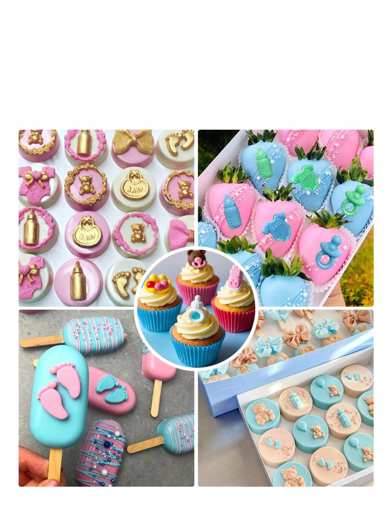 عبوتان من قوالب الشوكولاتة السيليكون لحفلات استقبال المولد - قوالب أقدام الرضيع، زجاجة الرضاعة، المصاصة، الملابس الداخلية، عربة الطفل والدببة - مثالية لحلوى الجيلي وتزيين كيك حفلات الأطفال - Image 4