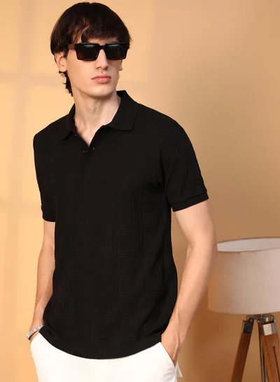 Campus Sutra Campus Sutra Men's Onyx Black Intertwine-Textured Polo T-Shirt For Casual Wear | Polo Neck | Short Sleeve | Half-Button Closure | T-Shirt Crafted With Comfort Fit For Everyday Wear