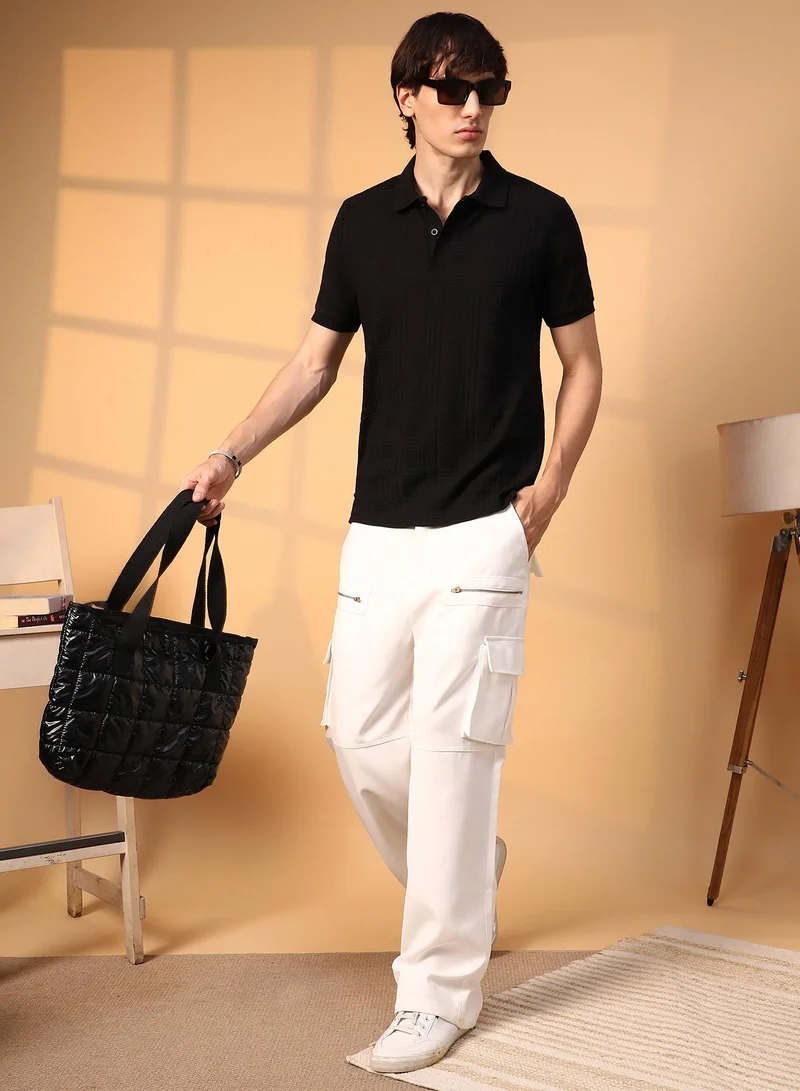 Campus Sutra Campus Sutra Men's Onyx Black Intertwine-Textured Polo T-Shirt For Casual Wear | Polo Neck | Short Sleeve | Half-Button Closure | T-Shirt Crafted With Comfort Fit For Everyday Wear