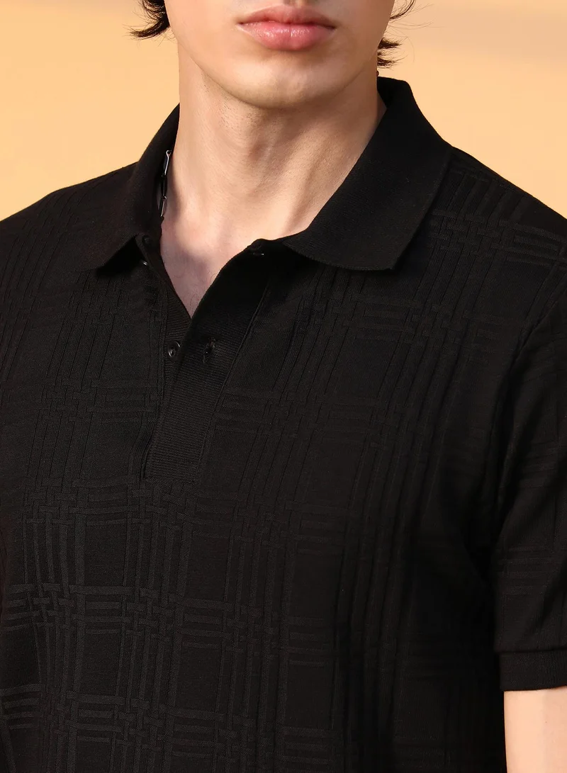 Campus Sutra Campus Sutra Men's Onyx Black Intertwine-Textured Polo T-Shirt For Casual Wear | Polo Neck | Short Sleeve | Half-Button Closure | T-Shirt Crafted With Comfort Fit For Everyday Wear