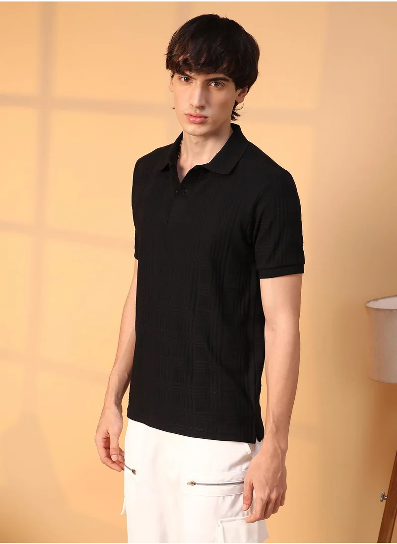 Campus Sutra Men's Onyx Black Intertwine-Textured Polo T-Shirt