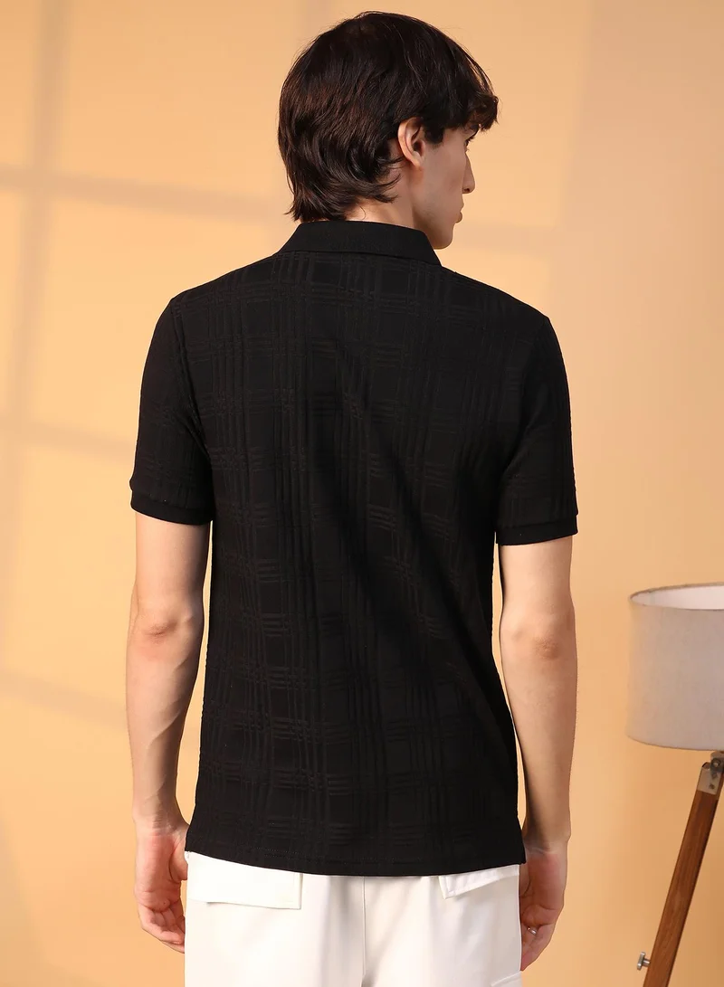 Campus Sutra Campus Sutra Men's Onyx Black Intertwine-Textured Polo T-Shirt For Casual Wear | Polo Neck | Short Sleeve | Half-Button Closure | T-Shirt Crafted With Comfort Fit For Everyday Wear