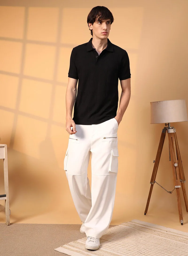 Campus Sutra Campus Sutra Men's Onyx Black Intertwine-Textured Polo T-Shirt For Casual Wear | Polo Neck | Short Sleeve | Half-Button Closure | T-Shirt Crafted With Comfort Fit For Everyday Wear