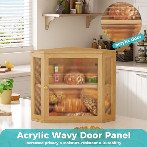 BEWISHOME Corner Bread Box,Bread Box for Kitchen Countertop,Double Layer Bamboo Wood Large Capacity Bread Storage Bin with Acrylic Wavy Door Panel(Meduim) 99ZMX01Y ﻿ - Image 4