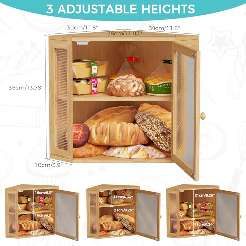 BEWISHOME Corner Bread Box,Bread Box for Kitchen Countertop,Double Layer Bamboo Wood Large Capacity Bread Storage Bin with Acrylic Wavy Door Panel(Meduim) 99ZMX01Y ﻿ - Image 2