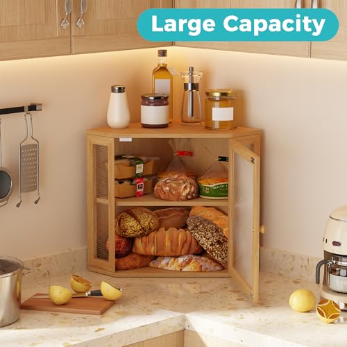 BEWISHOME Corner Bread Box,Bread Box for Kitchen Countertop,Double Layer Bamboo Wood Large Capacity Bread Storage Bin with Acrylic Wavy Door Panel(Meduim) 99ZMX01Y ﻿ - Image 5