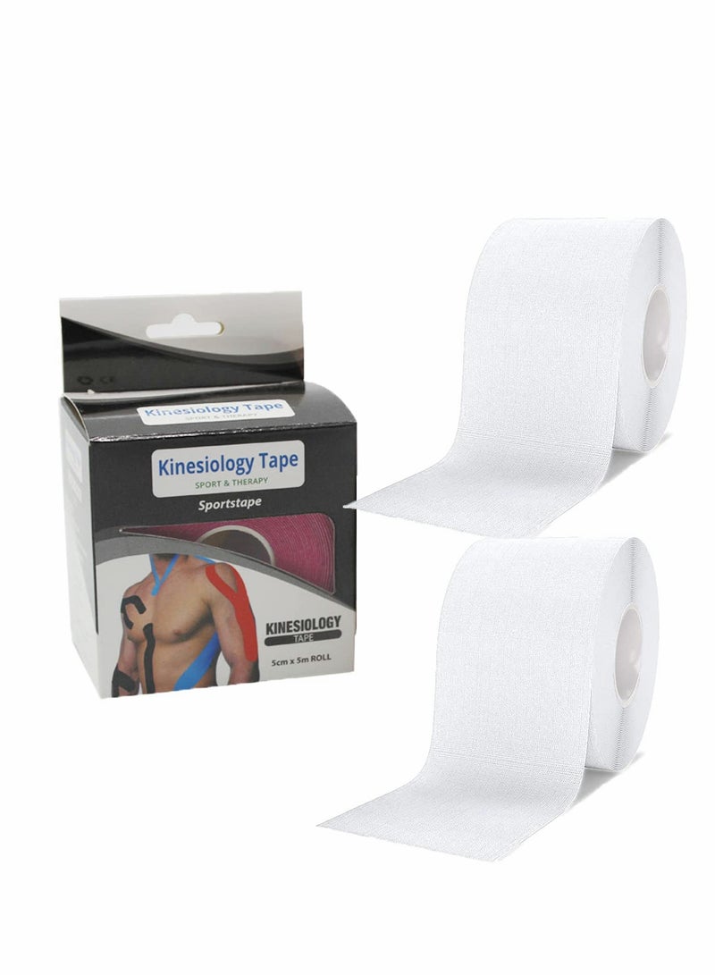 Excefore Sports Kinesiology Tape Roll of Elastic Water Resistant Tape for Support & Muscle Recovery Quality Sports Tape Muscle Tape Support Physio TapeKinetic for Knee Shoulder and Elbow 5cm*5m 2 Roll White - Image 1