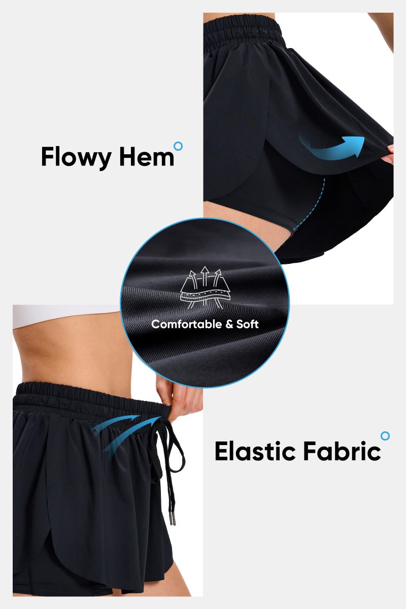 Blaosn Flowy Athletic Shorts for Women Gym Yoga Workout Running Sweat Short Pants spandex Butterfly Tennis Skort Skirt with Pockets underneath Girls Cute Comfy Trendy Clothes Casual Summer Outfits 5" Black M - Image 3
