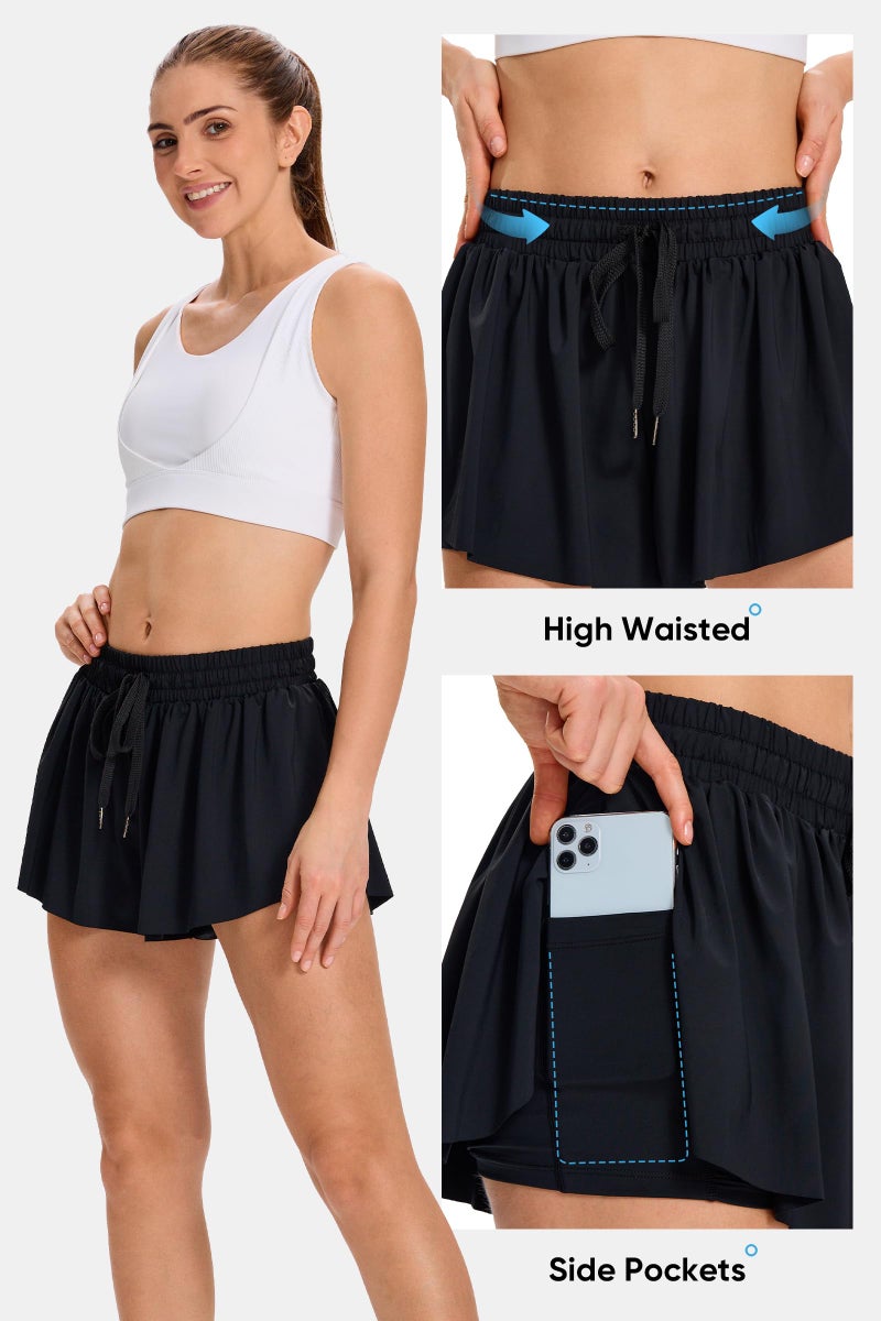 Blaosn Flowy Athletic Shorts for Women Gym Yoga Workout Running Sweat Short Pants spandex Butterfly Tennis Skort Skirt with Pockets underneath Girls Cute Comfy Trendy Clothes Casual Summer Outfits 5" Black M - Image 4