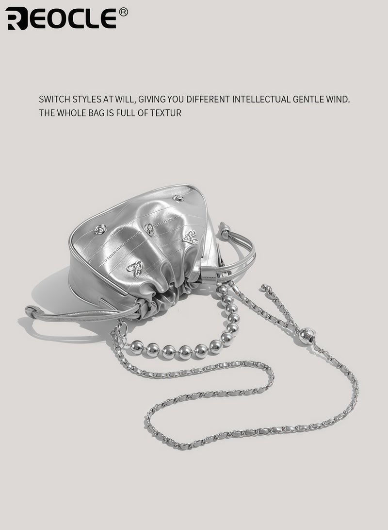 REOCLE Women's Small Pleated Beaded Handbag with Cloud Shape Drawstring Closure Ladies Crossbody Bag for Evenings - Image 3