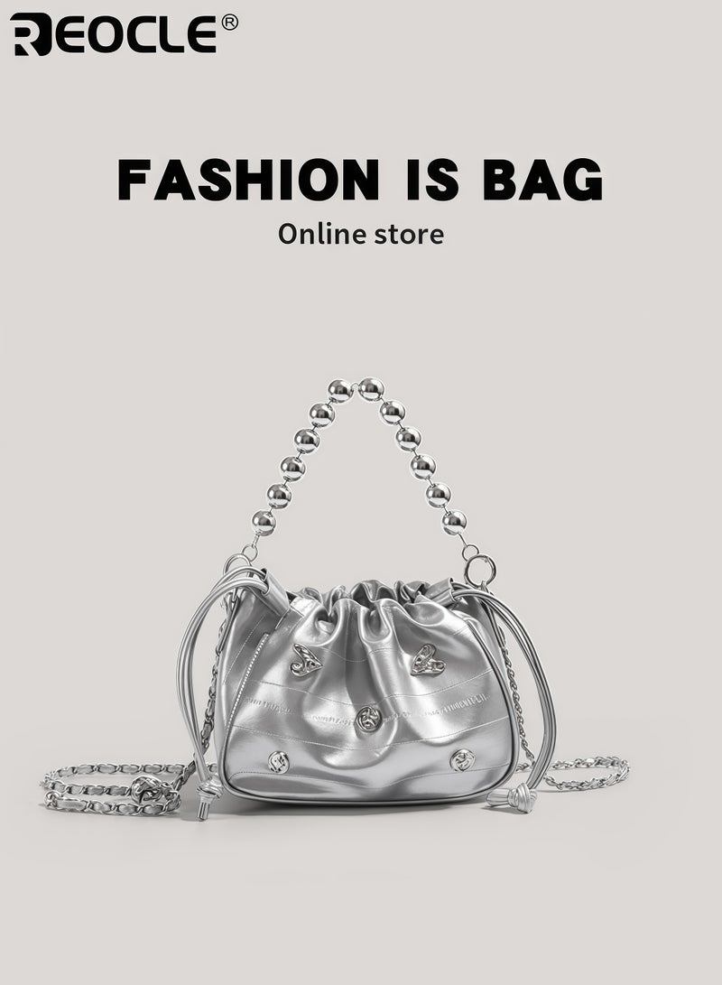 REOCLE Women's Small Pleated Beaded Handbag with Cloud Shape Drawstring Closure Ladies Crossbody Bag for Evenings - Image 2