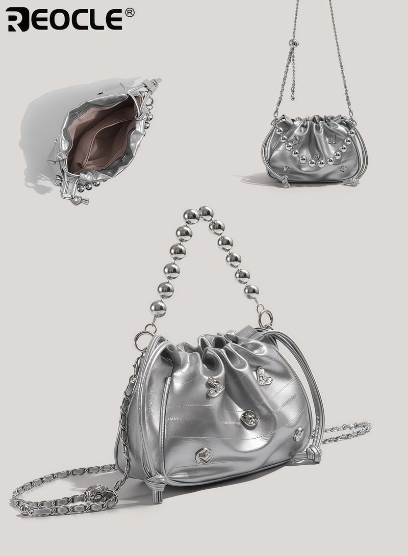 REOCLE Women's Small Pleated Beaded Handbag with Cloud Shape Drawstring Closure Ladies Crossbody Bag for Evenings - Image 4