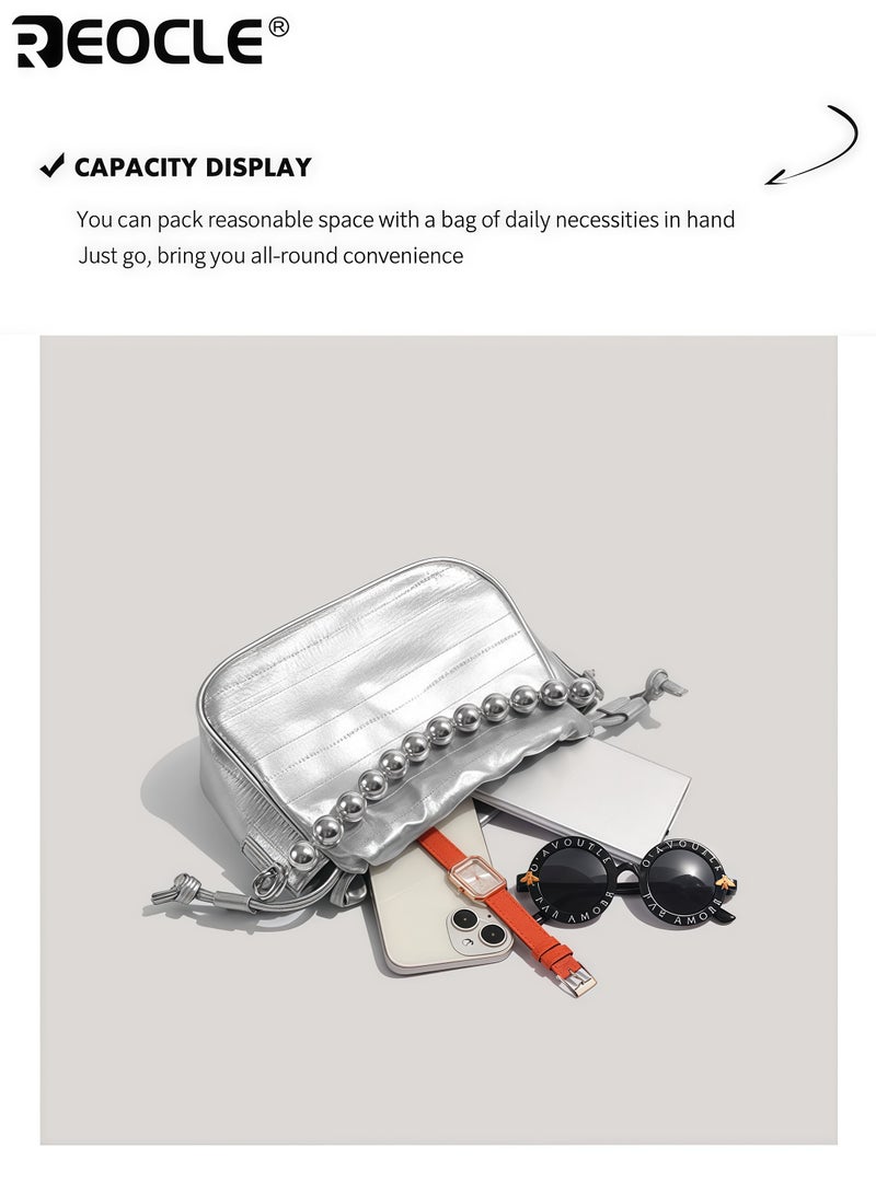 REOCLE Women's Small Pleated Beaded Handbag with Cloud Shape Drawstring Closure Ladies Crossbody Bag for Evenings - Image 5