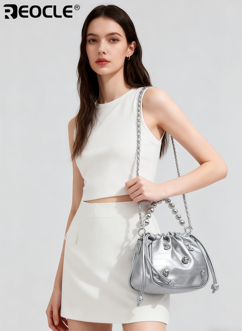 REOCLE Women's Small Pleated Beaded Handbag with Cloud Shape Drawstring Closure Ladies Crossbody Bag for Evenings - Image 1