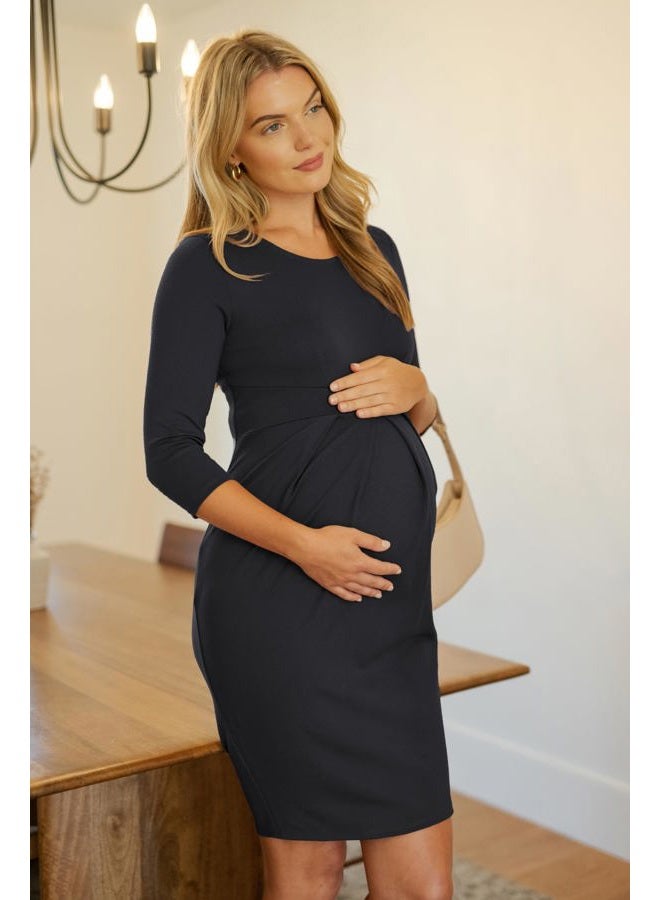 LaClef Womens Knee-Length Midi Maternity Dress with Front Pleat Long Sleeve (¾ Sl Black, Medium) - Image 2