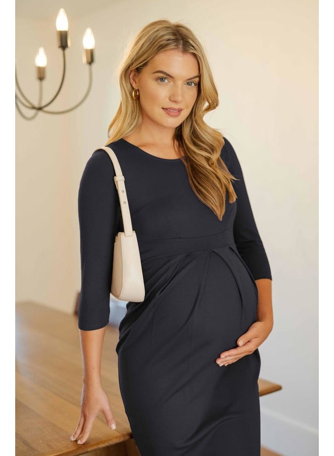 LaClef Womens Knee-Length Midi Maternity Dress with Front Pleat Long Sleeve (¾ Sl Black, Medium) - Image 3