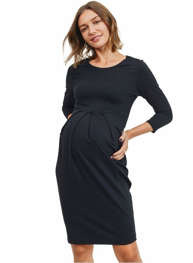 LaClef Womens Knee-Length Midi Maternity Dress with Front Pleat Long Sleeve (¾ Sl Black, Medium) - Image 1