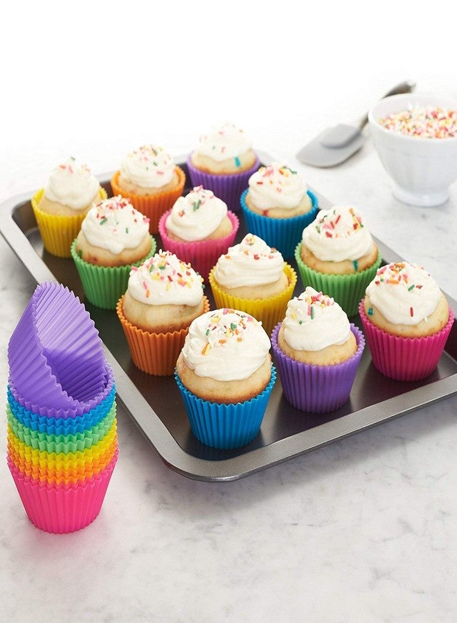 BAKERS PARDISE قوالب سيليكون للخبز من بيكرز بارديس، غير لاصقة، مناسبة لخبز المافن والكب كيك والبراونيز | أغطية كب كيك آمنة للاستخدام في الميكروويف والفرن | أكواب ورقية دائرية بألوان قوس قزح للتزيين - (6 قطع) - Image 5