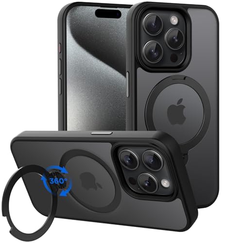 CACOE Magnetic Case for iPhone 15 Pro 6.1 inch with 360 Rotatable Ring Stand, Compatible with MagSafe Car Phone Mount, Cases Cover Phone Holder for Desk Meeting/Videos Matte Black - Image 1