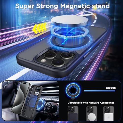 CACOE Magnetic Case for iPhone 15 Pro 6.1 inch with 360 Rotatable Ring Stand, Compatible with MagSafe Car Phone Mount, Cases Cover Phone Holder for Desk Meeting/Videos Matte Black - Image 3