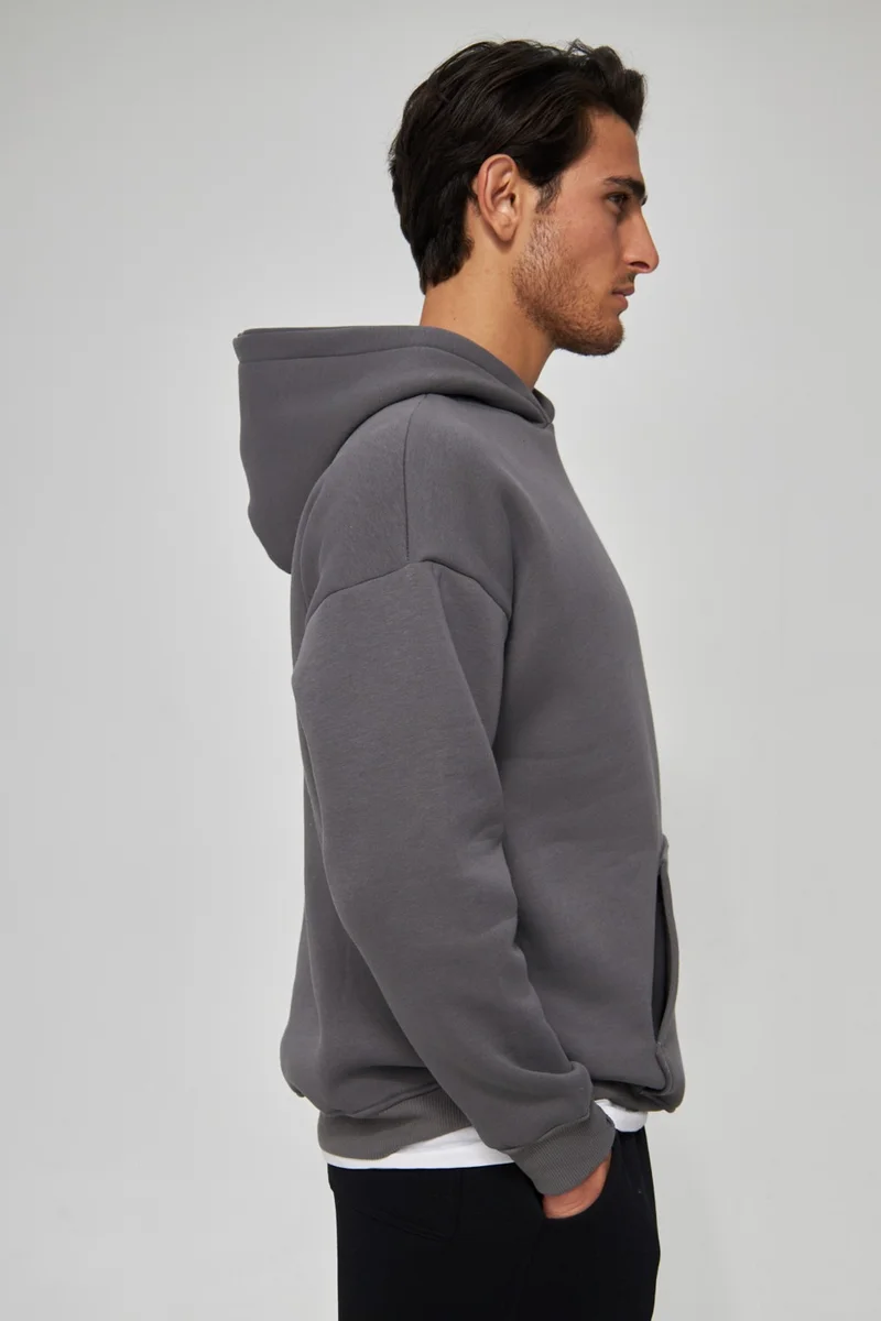 MRS Clothing Men's Smoke Unisex Plain Hooded Collar Cotton Pocket Detailed Sweatshirt