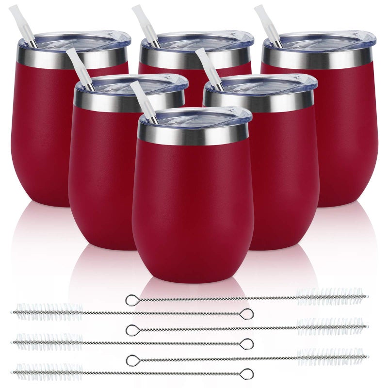 6 Pack Stainless Steel Wine Tumblers 12Oz Insulated Wine Tumbler Double Wall Insulated Wine Glass Stainless Steel Stemless Wine Cups with Lids for Coffee Wine Cocktails Champaign White