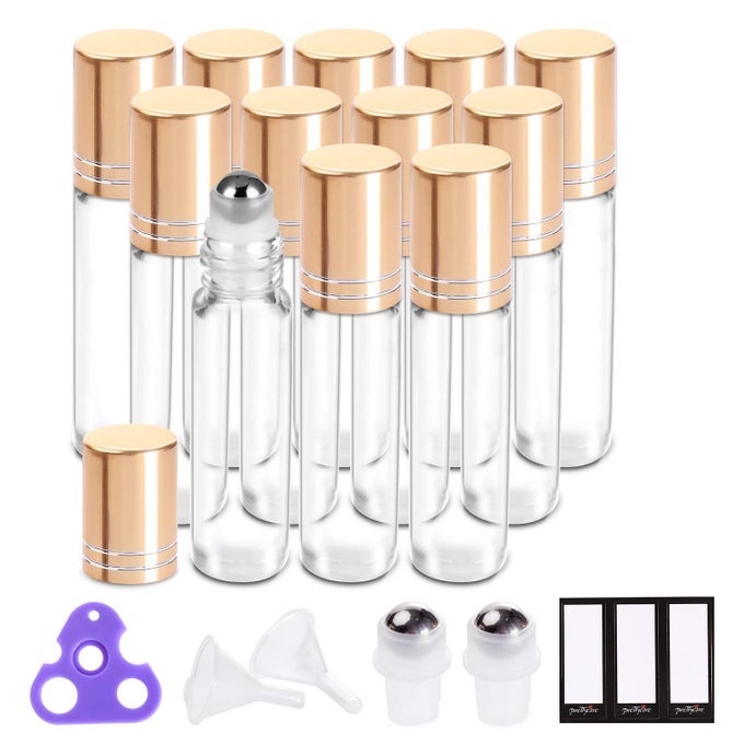 ESSENTIAL OIL ROLLER BOTTLES 10ML (CLEAR GLASS BOTTLE WITH GOLD CAP, 12 PACK, 2 EXTRA STAINLESS STEEL BALLS, 24 LABELS, OPENER, FUNNELS FOR OILS, ROLLER ON BOTTLES