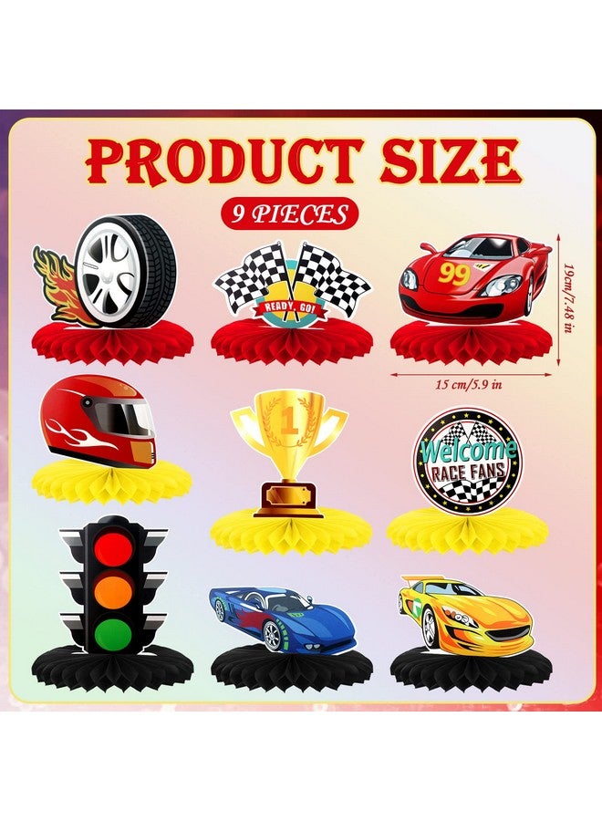 Inbagi 9 قطع زينة حفلات سيارات السباق زخارف مركزية على شكل خلية عسل زينة طاولة حفلات سباق زينة مزدوجة الجوانب لProps كشك صور سيارات لعيد الميلاد وحفلات استقبال الأطفال لوازم حفلة على طراز سيارة السباق - Image 2