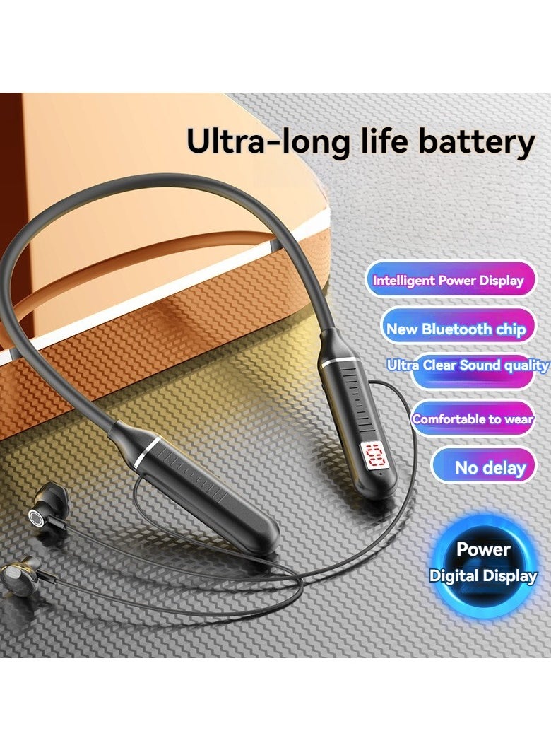 Generic New digital display neck-mounted Bluetooth headset, long battery life, running sports in-ear wireless Bluetooth headset black  - Image 1
