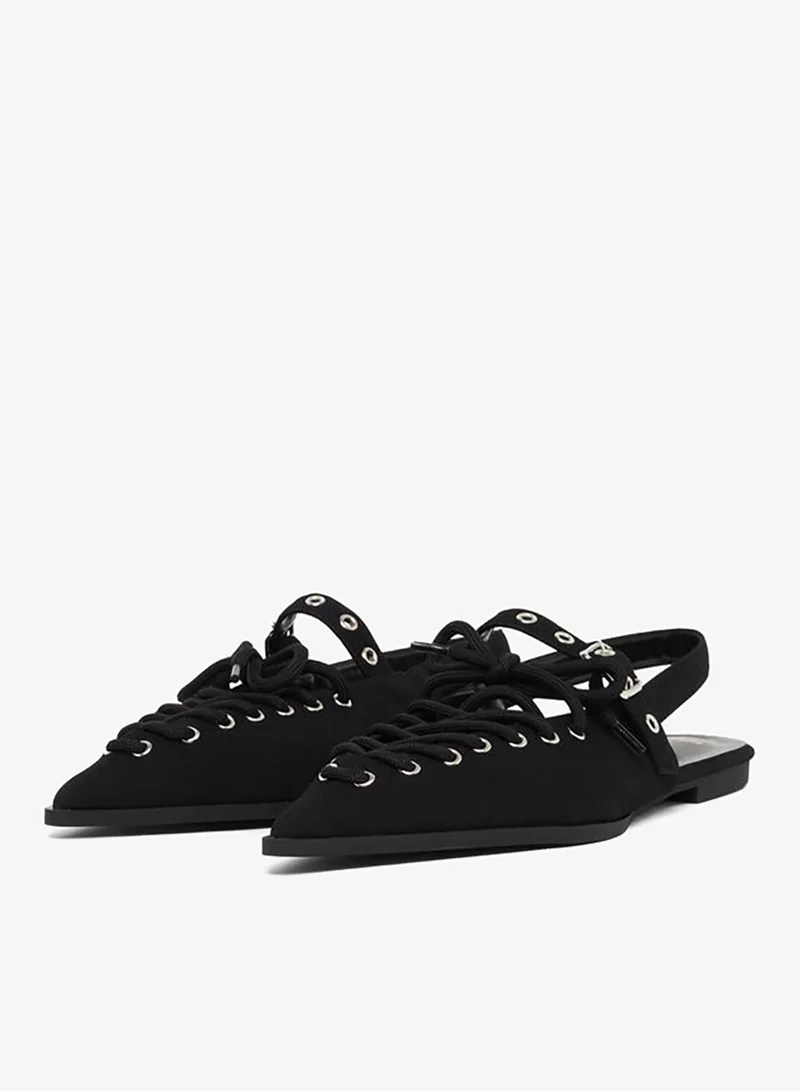 Styli Black Lace-Up Pointed Toe Slingback Shoes