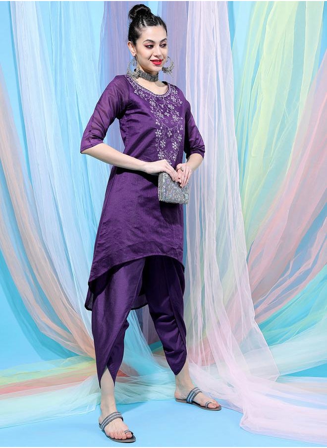 Vishudh - Women Purple Embroidered Cotton Kurta with Dhoti Pant by Styli - Image 1