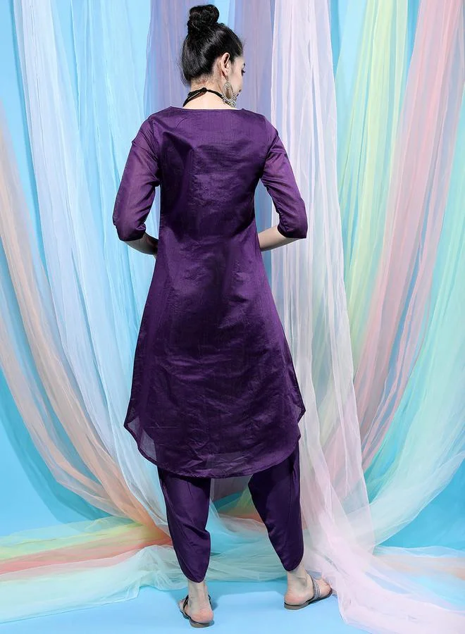 Vishudh Vishudh Women Purple Embroidered Cotton Kurta with Dhoti Pant