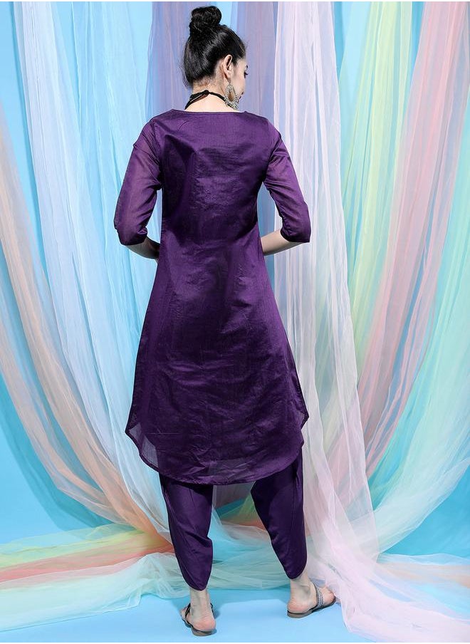 Vishudh - Women Purple Embroidered Cotton Kurta with Dhoti Pant by Styli - Image 1