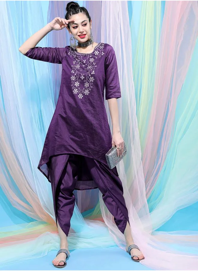 Vishudh Women Purple Embroidered Cotton Kurta with Dhoti Pant by Styli