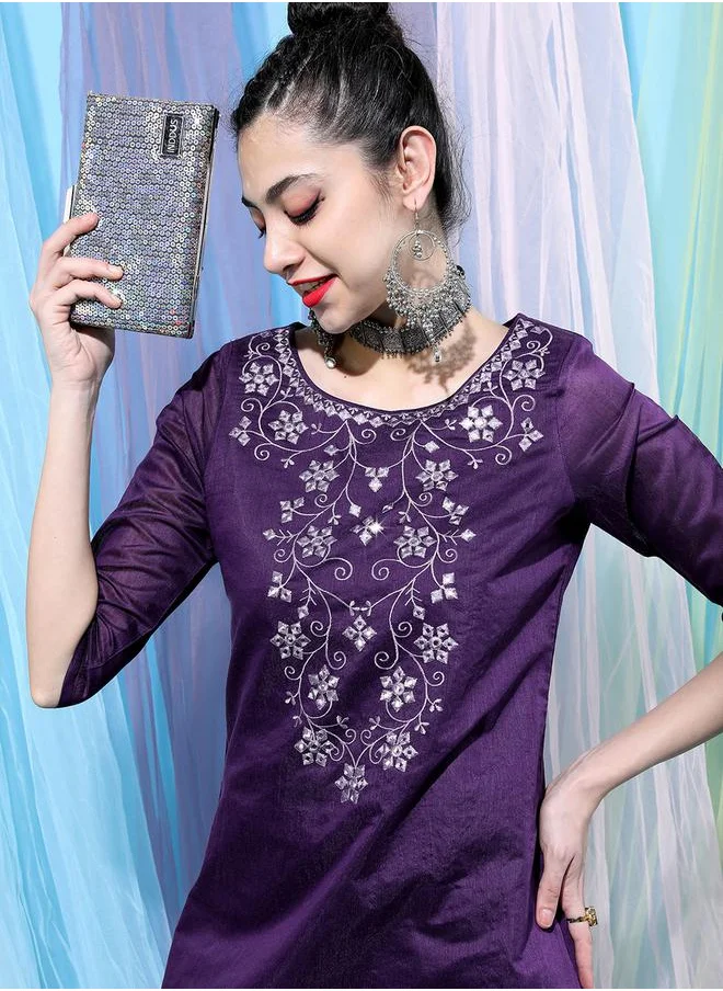 Vishudh Women Purple Embroidered Cotton Kurta with Dhoti Pant by Styli