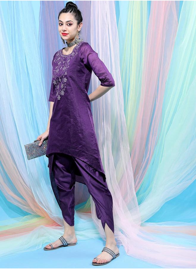 Vishudh - Women Purple Embroidered Cotton Kurta with Dhoti Pant by Styli - Image 1