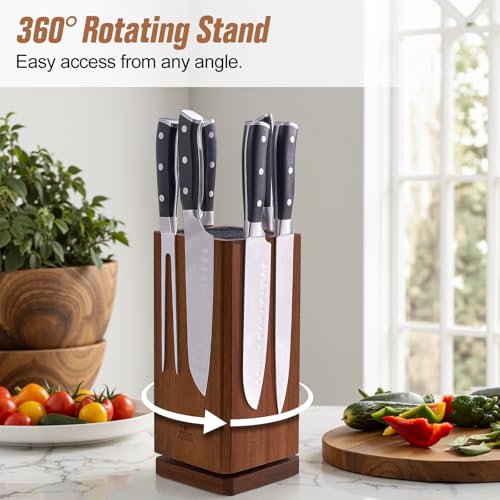 ENOKING 360° Rotating Magnetic Knife Block without Knivies, Acacia Wood Knife Holder with Removable Bristles, Large Capacity Knife Storage Organizer for Kitchen Countertop - Image 3