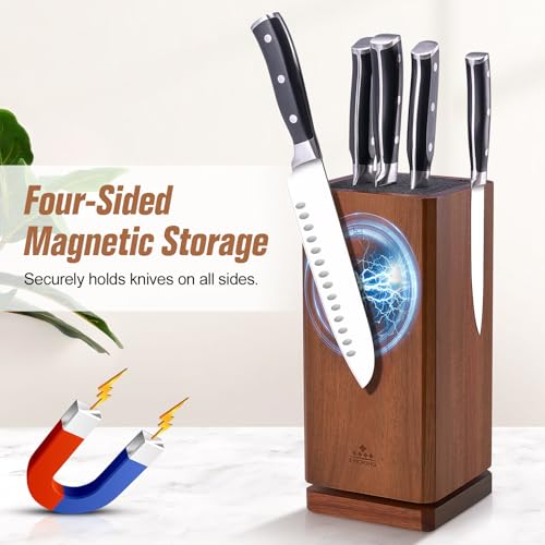 ENOKING 360° Rotating Magnetic Knife Block without Knivies, Acacia Wood Knife Holder with Removable Bristles, Large Capacity Knife Storage Organizer for Kitchen Countertop - Image 2