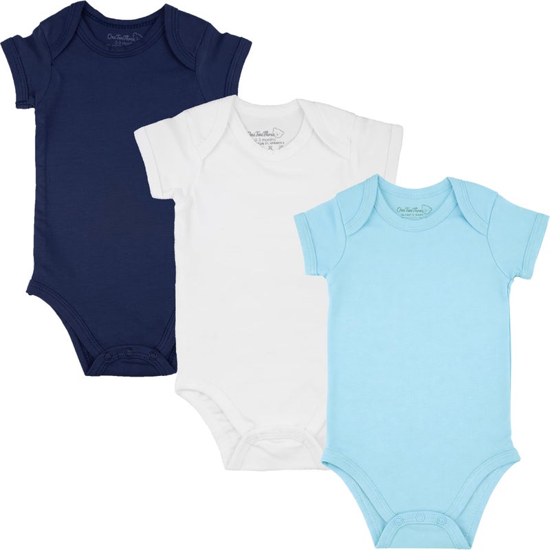 123 Bear Baby 3-Pack Cotton Spandex short-sleeve bodysuits unisex boy girl (Blue Short-Sleeve, Newborn) - Image 1