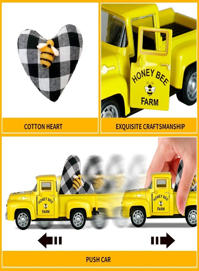 CRCZK Mini Farm Fresh Honey Yellow Truck Decor with Buffalo Check Heart Little Bee Farmhouse Honey Bee Layered Tray Decoration Vintage Pickup Truck Metal Car Spring/Summer Bookshelf Table Decoration - Image 4