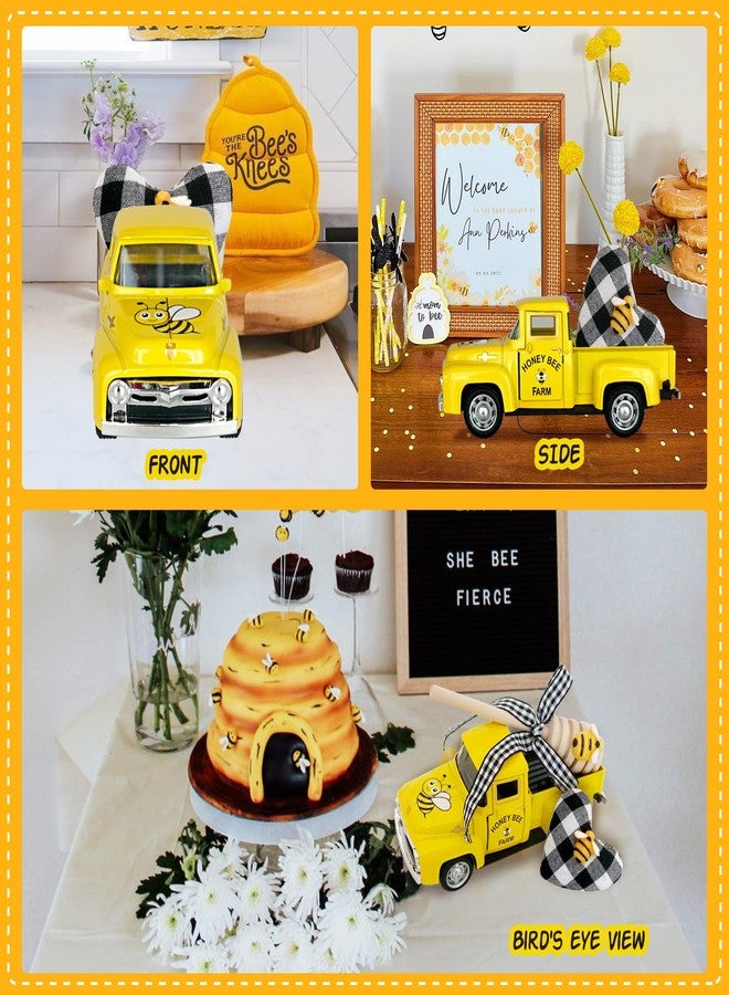 CRCZK Mini Farm Fresh Honey Yellow Truck Decor with Buffalo Check Heart Little Bee Farmhouse Honey Bee Layered Tray Decoration Vintage Pickup Truck Metal Car Spring/Summer Bookshelf Table Decoration - Image 5