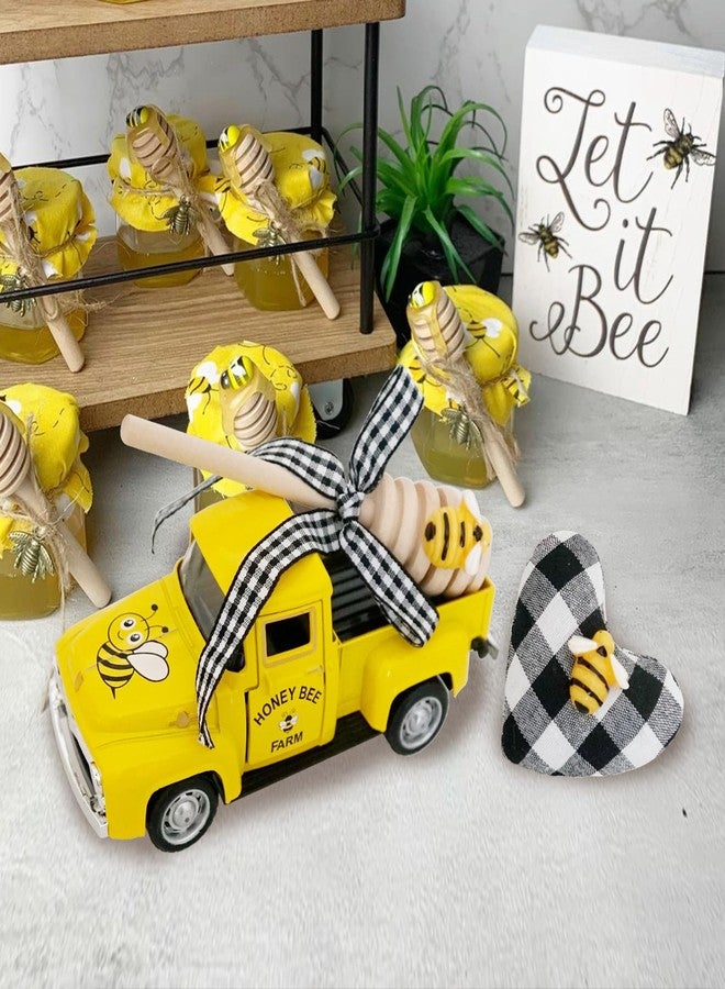 CRCZK Mini Farm Fresh Honey Yellow Truck Decor with Buffalo Check Heart Little Bee Farmhouse Honey Bee Layered Tray Decoration Vintage Pickup Truck Metal Car Spring/Summer Bookshelf Table Decoration - Image 3