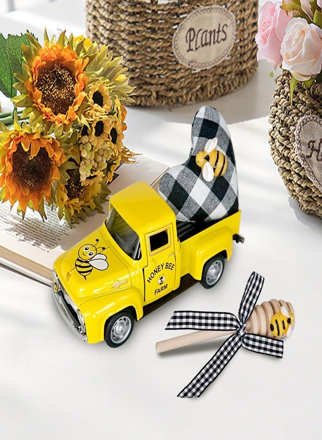 CRCZK Mini Farm Fresh Honey Yellow Truck Decor with Buffalo Check Heart Little Bee Farmhouse Honey Bee Layered Tray Decoration Vintage Pickup Truck Metal Car Spring/Summer Bookshelf Table Decoration - Image 2