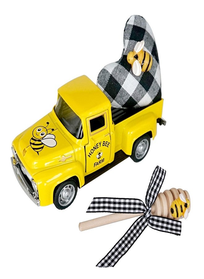 CRCZK Mini Farm Fresh Honey Yellow Truck Decor with Buffalo Check Heart Little Bee Farmhouse Honey Bee Layered Tray Decoration Vintage Pickup Truck Metal Car Spring/Summer Bookshelf Table Decoration - Image 1