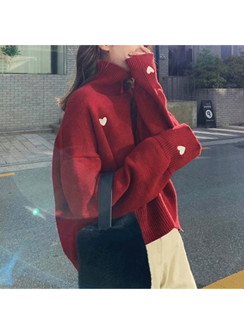 Generic - 2024 Autumn Winter High-Neck Sweater Womens Korean Loose Knit Love Pullover Black - Image 1