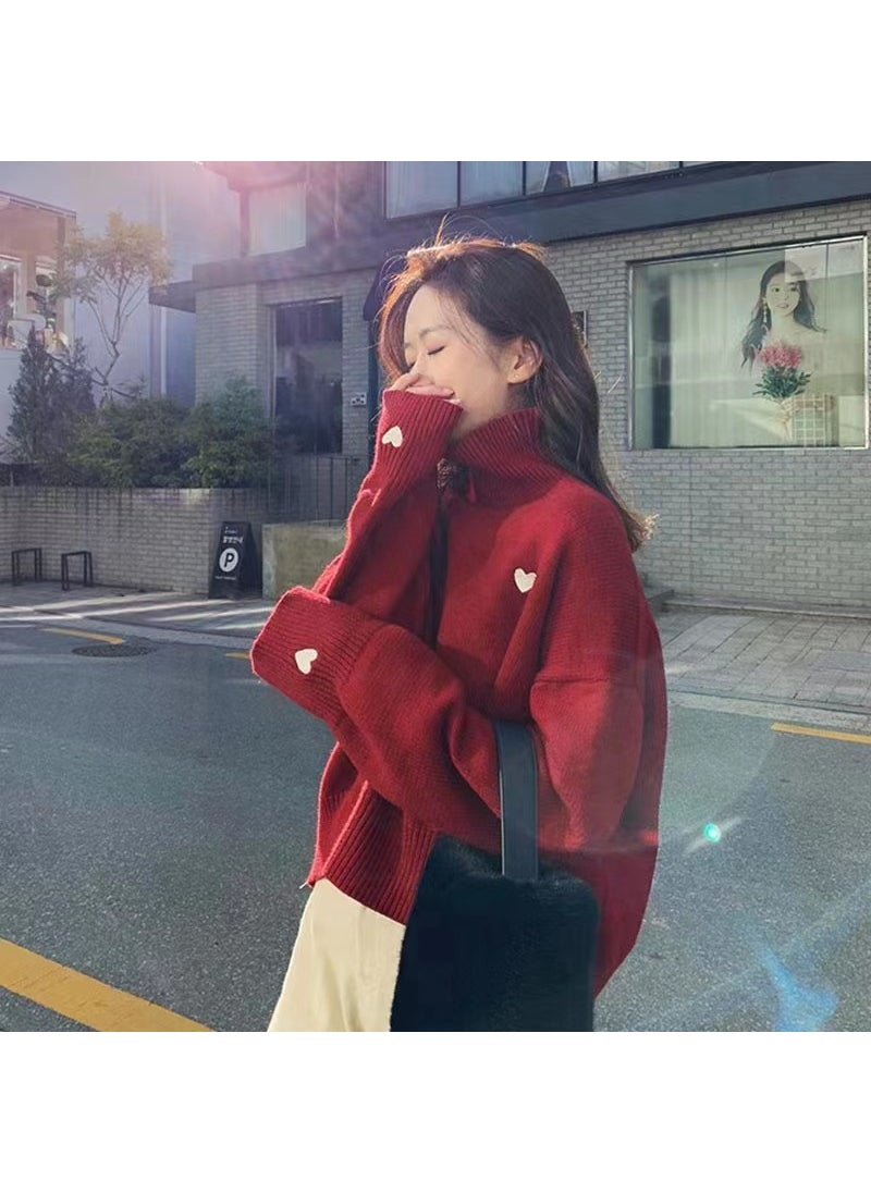 Generic - 2024 Autumn Winter High-Neck Sweater Womens Korean Loose Knit Love Pullover Black - Image 1