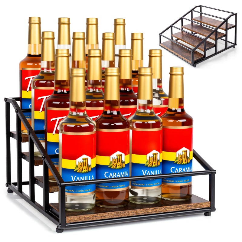 kimilus Coffee Syrup Organizer Rack Liquor Bottle Display Shelf 4 Tier 16 Syrup Bottles Holder Stand for Coffee Bar Kitchen Small Wine Rack for Family Storage for Syrup Wine Dressing - Image 2